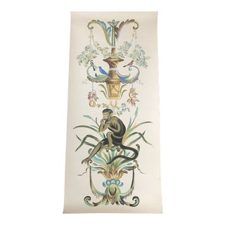 Chelsea Style Original Watercolor Wallpaper Panel of Seated Monkey For Sale
