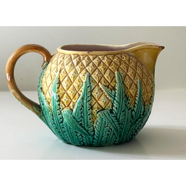 Majolica Antique 19th C Majolica Pineapple Pattern Creamer & Sugar C1880s. For Sale - Image 4 of 12