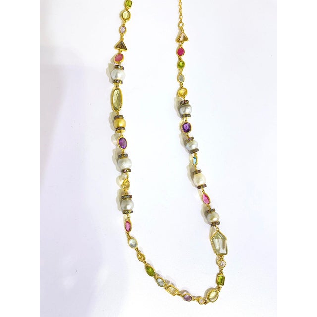 Baroque Bochic "Capri" Vintage Pearl, Sapphire, Ruby Necklace 18K Gold & Silver For Sale - Image 3 of 18