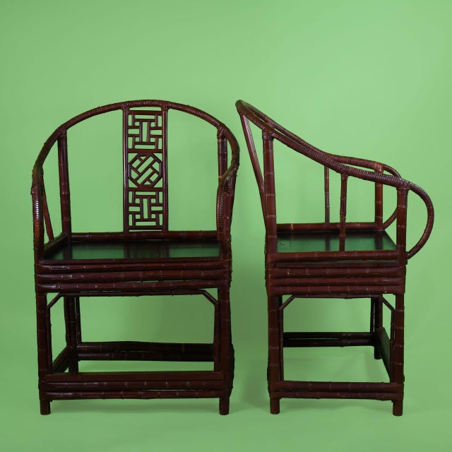 Pair of Chinoiserie Burgundy Barrel Chairs For Sale - Image 4 of 6