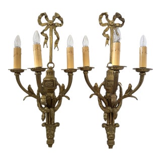 Mid 20th Century Louis XIV Solid Brass 3-Arm Wall Sconces W/Ribbons For Sale