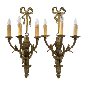 Mid 20th Century Louis XIV Solid Brass 3-Arm Wall Sconces W/Ribbons
