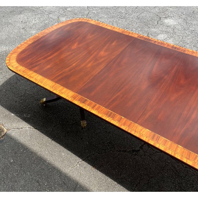 Late 20th Century Councill Craftsmen Georgian Banded Mahogany Double Pedestal Dining Table With 3 Leaves For Sale - Image 12 of 18