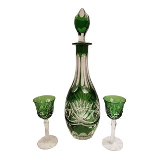 Czechoslovakian Emerald Green Cut to Clear Decanter and Two Cordials For Sale