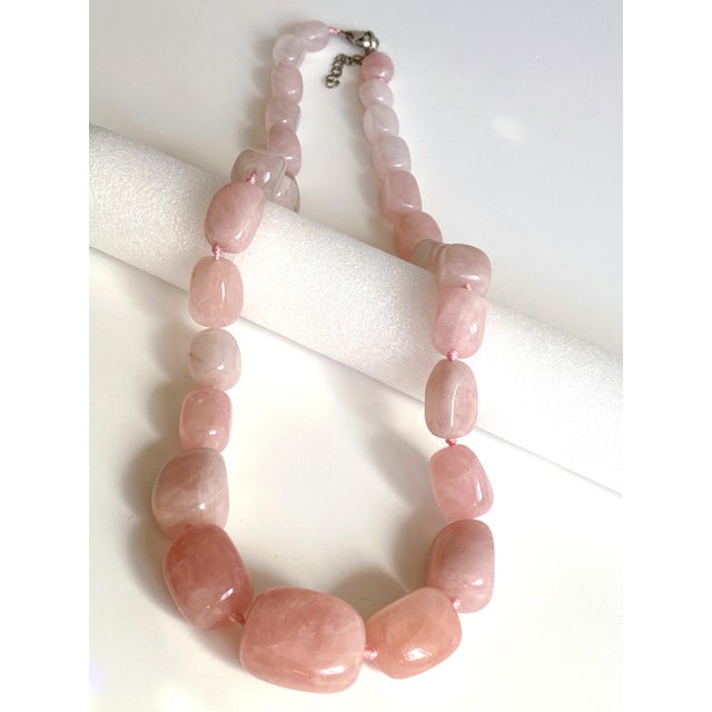 Large Rose Quartz Statement Necklace | Knotted Silk Cord | 304 Stainless Steel Clasp | Luxe Pink Gemstone Beaded Necklace For Sale - Image 17 of 17