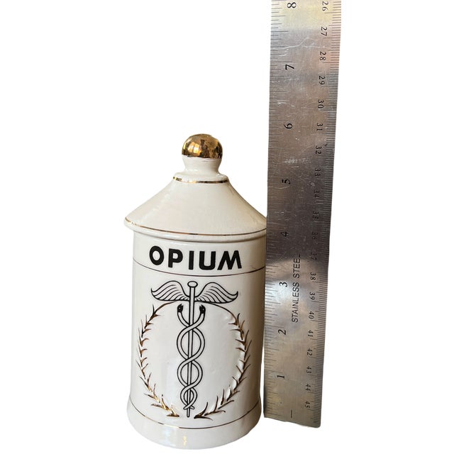 Ceramic Mid-Century Handpainted Porcelain “Opium” Apothecary Canister in the Style of Piero Fornasetti Made in Japan For Sale - Image 7 of 10