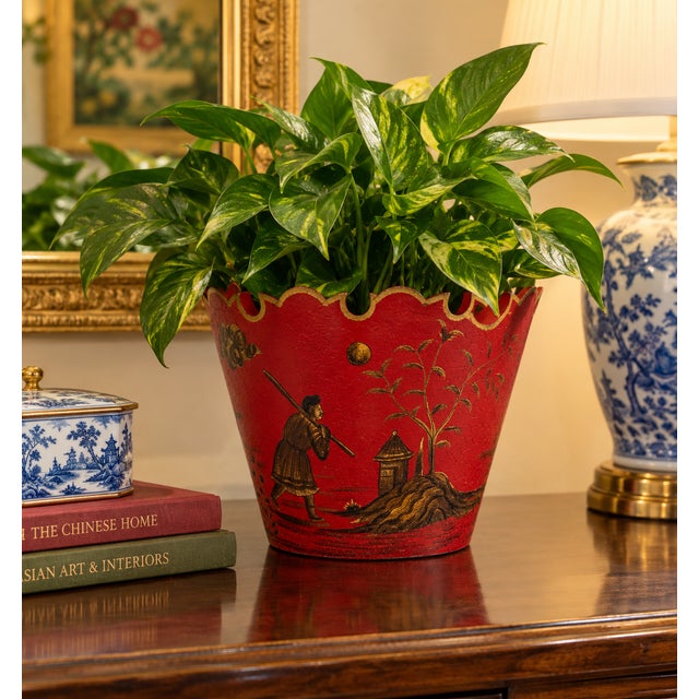 A vibrant Chinoiserie style Tole Cachepot or Jardiniere from the 1950s-70s. Most likely made in France or Italy. This...