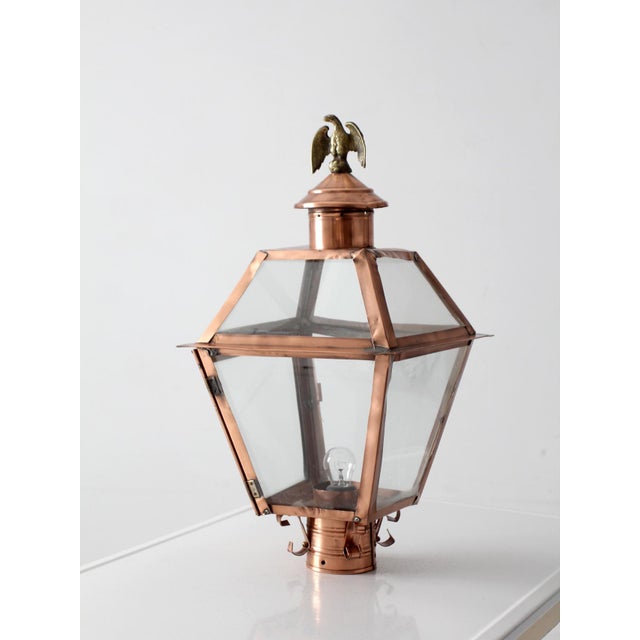 Farmhouse Vintage Copper Lantern Light Fixture With Brass Eagle Finial For Sale - Image 3 of 18