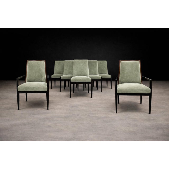 Cimo, Brazil, 1950s — Set of 8 Dining Chairs in Hardwood With Dusty Olive Mohair & Jacarandá Backs (2 Armchairs + 6 Side Chairs) For Sale - Image 12 of 16