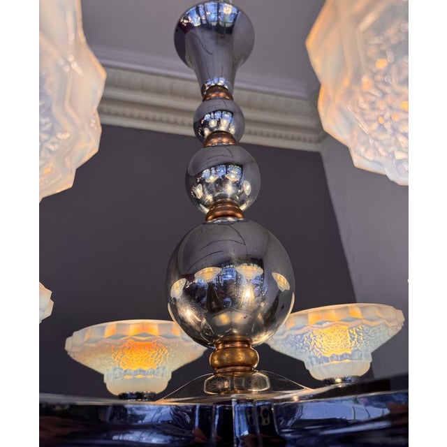 Art Deco Opalescent Glass and Nickel-Plated Bronze Chandelier by Jean Gauthier for Petitot & Ezan, France, 1935 For Sale - Image 17 of 18