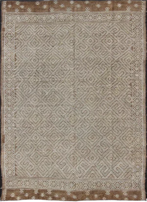 Large Vintage Embroidered Flat-Weave in Ivory and Brown With Geometric Design