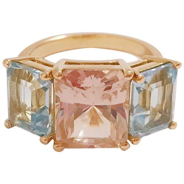Christina Addison 18kt Yellow Gold Mini Emerald Cut Ring with pale pink and blue semi precious zircon (not the synthetic...