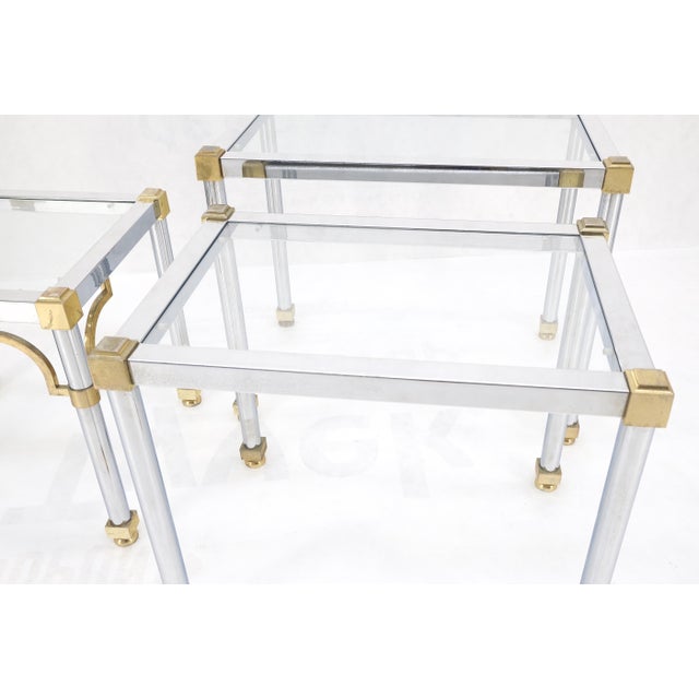Maison Jansen Set of 3 Chrome & Brass Glass Tops End Nesting Side Lamp Tables MINT For Sale - Image 4 of 15