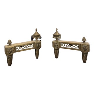Louis XVI Style Brass Andirons with Fire Pots, Set of 2 For Sale
