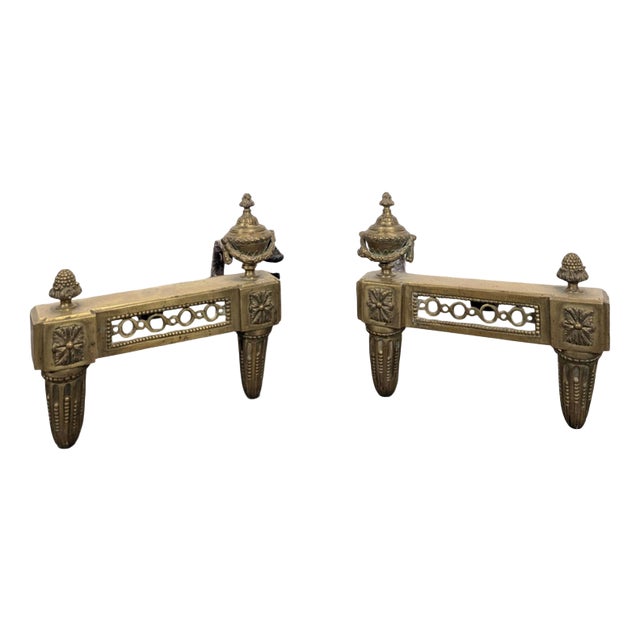 Louis XVI Style Brass Andirons with Fire Pots, Set of 2 For Sale