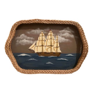 Vintage Nautical Hand Painted Wicker Tray For Sale