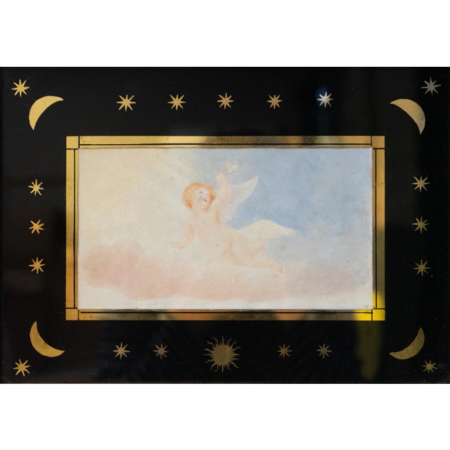 Small Antique Cherub Watercolour in Moon and Star Verre Egolisme Frame, 19th Century For Sale - Image 4 of 8