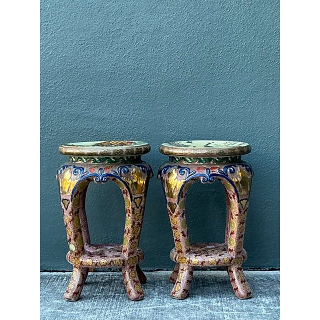 Chinoiserie Vintage Asian Glazed Ceramic Low Stools - A Pair For Sale - Image 3 of 12