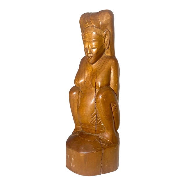 Antique Hand Carved Wood Nude Indonesian Pregnant Lady Woman Folk Art Sculpture For Sale