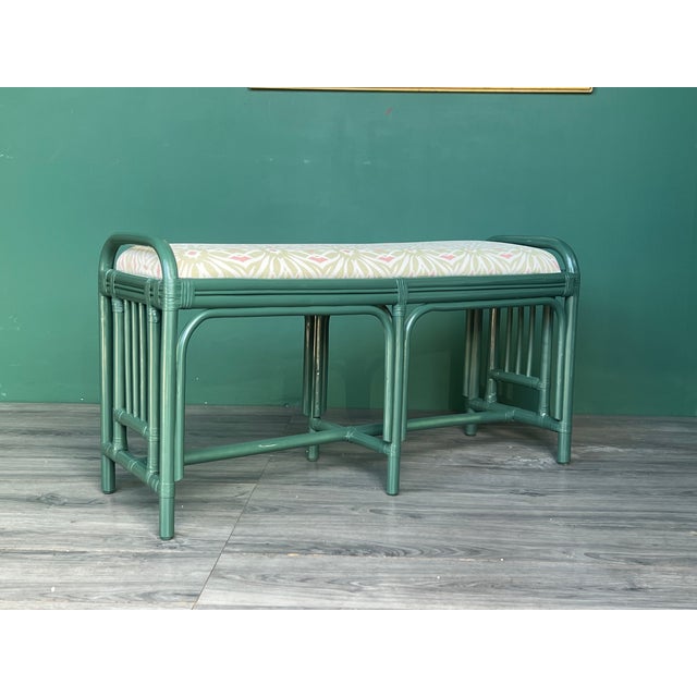 Coastal 1970s Palm Beach Style Green Lacquered Bench With Floral Upholstery For Sale - Image 3 of 10