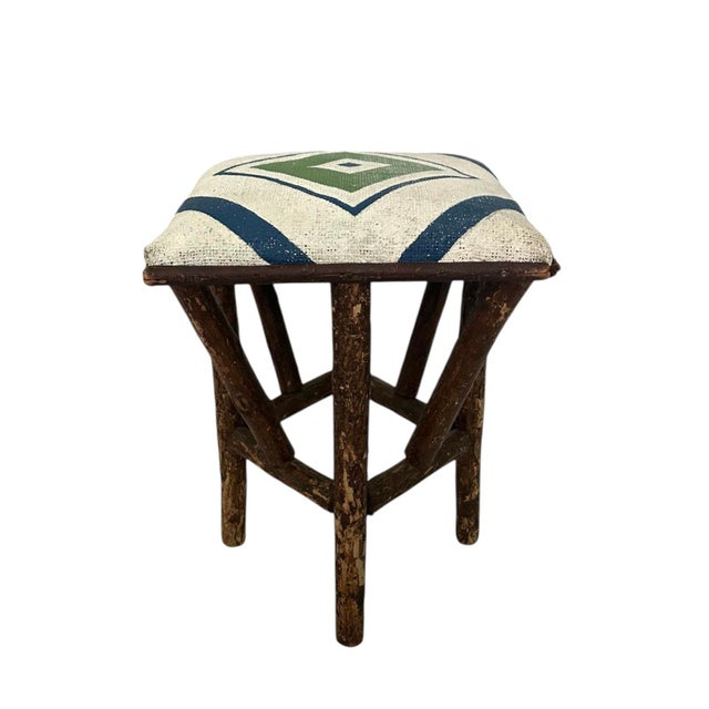 Antique Rustic Adirondack / Arts & Crafts / Primitive Folk Art Twig / Branch Stool With Hand Painted Cushion For Sale In Dallas - Image 6 of 9