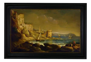 Paolo De Robertis, Coastal Landscape with Fishing Boats and Figures, Oil on Jute Canvas