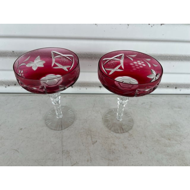 Mid-Century Modern Vintage Cranberry/Raspberry Crystal Coupe Glasses - Pair 2 For Sale - Image 3 of 6
