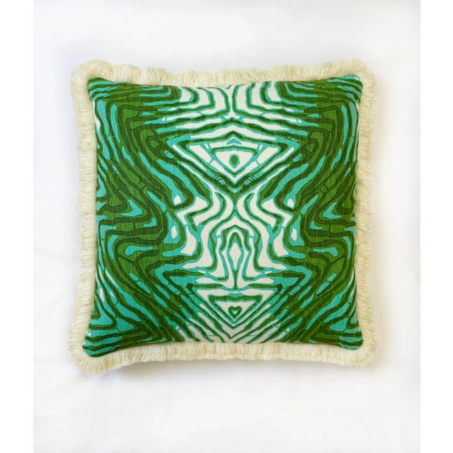 “Wavelength” Verde Sustainably Handprinted on Hemp/Cotton Twill Pillow Cover For Sale - Image 11 of 11