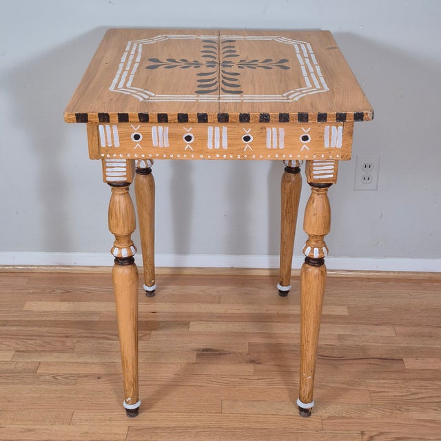 Mustard Antique Rustic Hand Painted Mustard Yellow Black & White Tall Side End Table Work Table Small Desk W/ Turned Legs For Sale - Image 8 of 11