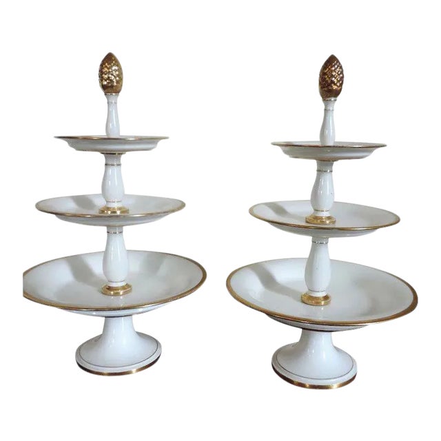 Early 19th Century French Empire Old Paris Porcelain White & Gold Edouard Honore Three Tier Dessert Tazza Hors d’oeuvres Stand - A Pair For Sale
