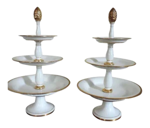 Early 19th Century French Empire Old Paris Porcelain White & Gold Edouard Honore Three Tier Dessert Tazza Hors d’oeuvres Stand - A Pair