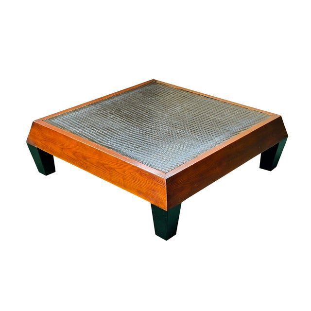 Contemporary Brown Black Geometric Pattern Square Block Legs Coffee Table For Sale - Image 3 of 10