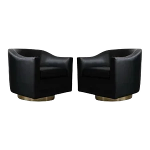 Vintage Brass Base Swivel Lounge Chairs in Black Leather - A Pair