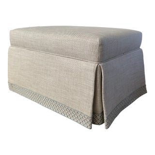 Newly Upholstered Skirted Ottoman in a Colefax and Fowler Cream Textured Fabric and Colefax Trim on the Hem For Sale