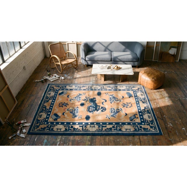 1890s Orange Peach Qing Antique Chinese Ningxia Rug 4' 6" X 6' Handknotted Wool Carpet For Sale In New York - Image 6 of 7
