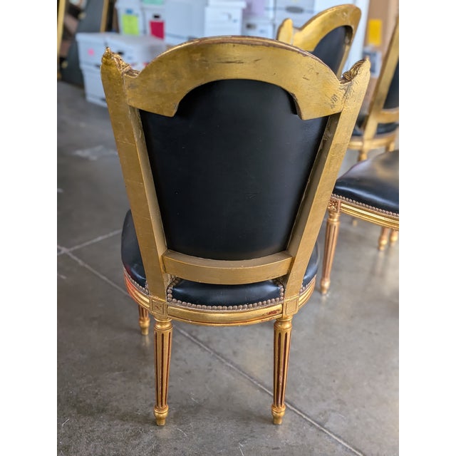 Wood Set of 6 Antique 19th Century French Louis XVI Giltwood & Black Leather Dining Chairs For Sale - Image 7 of 13
