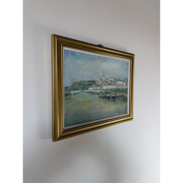 Impressionist Vintage European Impressionist River Cityscape Oil Painting on Canvas – Framed For Sale - Image 3 of 10