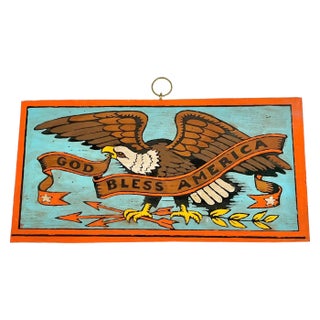 Mid 20th Century Vintage Hand Painted Folk Art Eagle on Board God Bless America For Sale