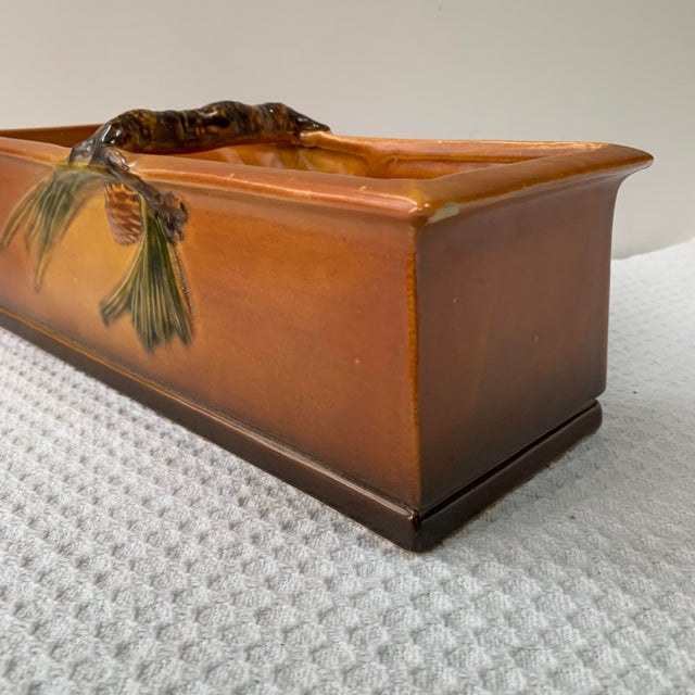 Arts & Crafts 1940s Roseville Pine Cone Brown Rare Window Box Planter W/ Handle For Sale - Image 3 of 14