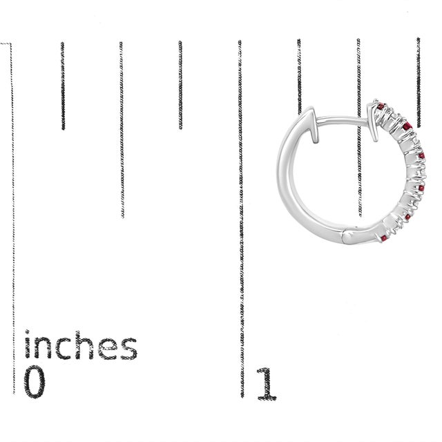Early 21st Century 10K White Gold Alternating Diamond and Red Ruby Huggy Hoop Earrings (I-J Color, I1-I2 Clarity) For Sale - Image 5 of 5