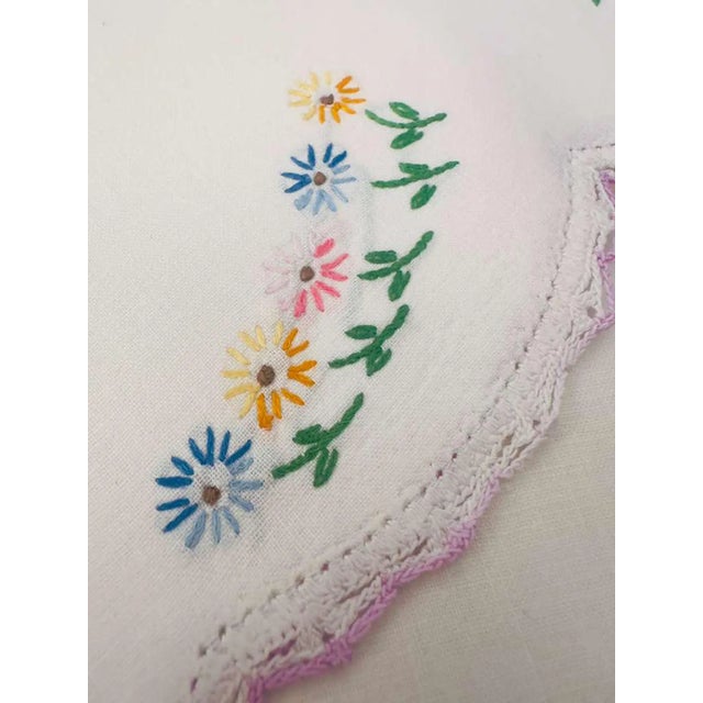 Asian Antique Vintage 1950s Mine and Yours King Size Pillowcases, Hand Embroidered Bridal Linen, Hand Crocheted Scalloped Edge, Heirloom Cotton - a Pair For Sale - Image 3 of 8