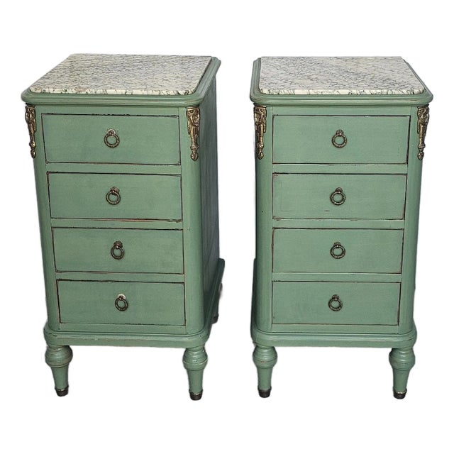 Vintage Pair of Nightstands, French Louis XVI Style Marble-Top For Sale