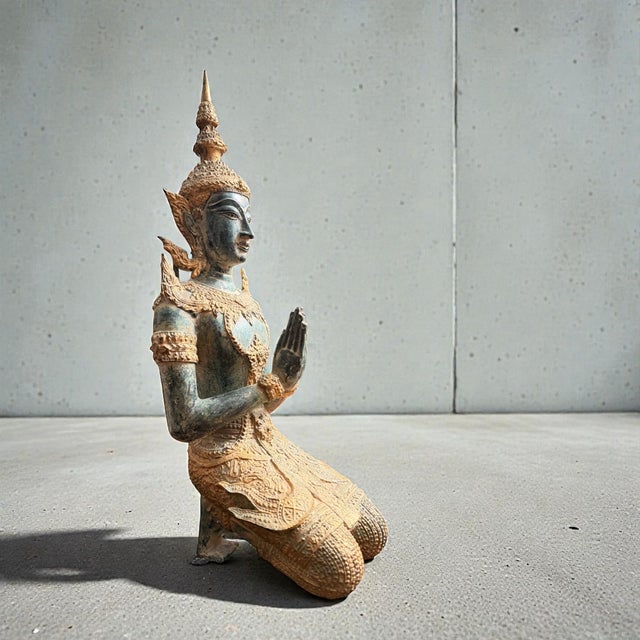 Vintage Southeast Asian Kneeling Devata Sculpture in Patinated Metal, Late 20th Century For Sale - Image 6 of 9