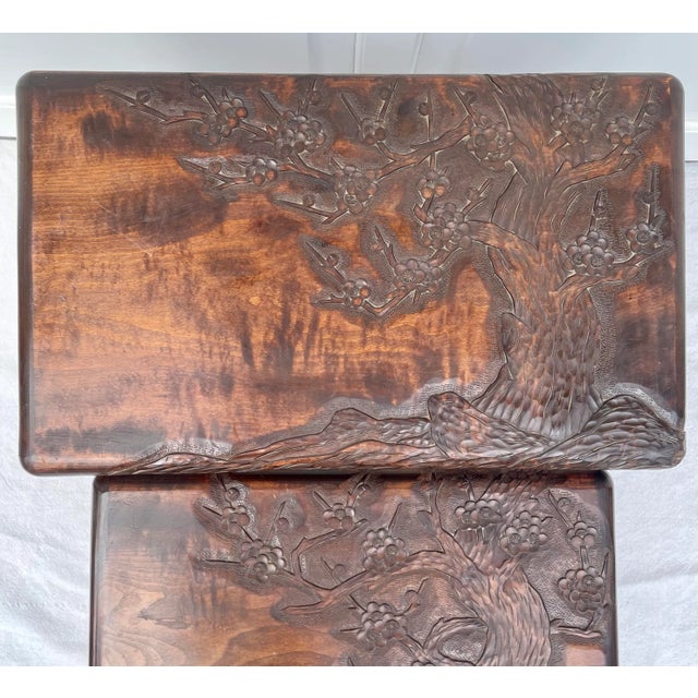 Mid 20th Century Vintage Hand-Carved Wood Cherry Blossom Asian Nesting Tables For Sale - Image 5 of 12