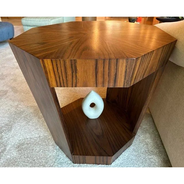 Modern walnut end table. Table was made in the Philippines by same company for Maitland Smith. Table is in good condition...