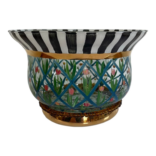 Vintage Mackenzie Childs Circus Hand Painted Blown Glass Bowl Original Maker’s Label For Sale