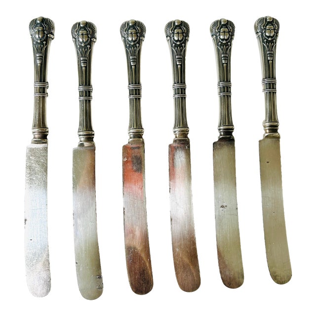 1900's Antique Egyptian Smith Silver Co. Silver Plate Dinner Knives- Set of 6 For Sale
