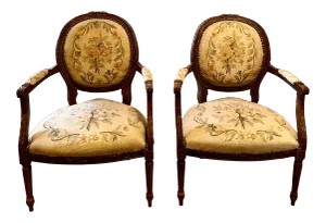 Louis XVI Style Upholstered Balloon Back Walnut Carved Fauteuil Chairs - a Pair