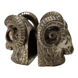 Vintage Pair of Rare Brass Ram's Head Bookends For Sale