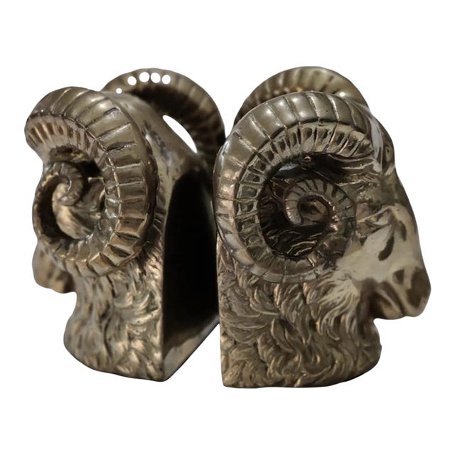 Vintage Pair of Rare Brass Ram's Head Bookends For Sale